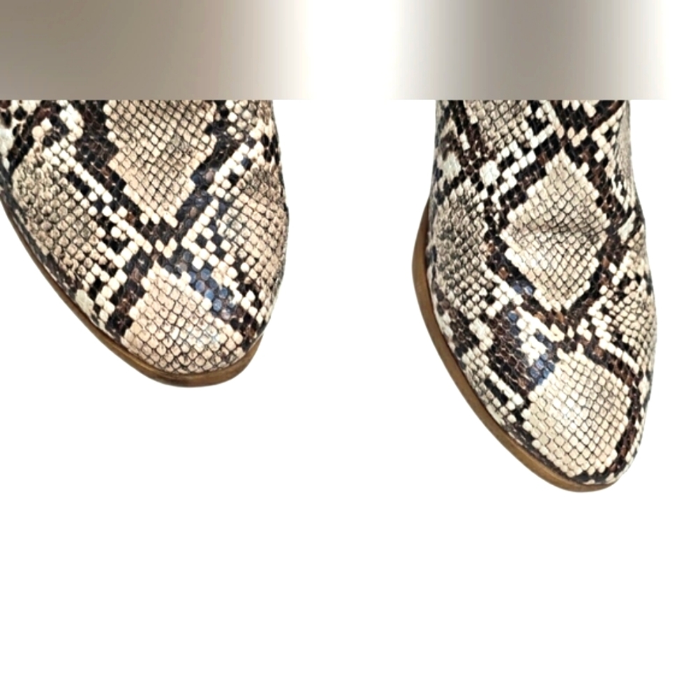 Express Brown & Cream Snakeprint Faux Leather Ankle Zip up Heel Boots Booties 9 - Picture 7 of 12